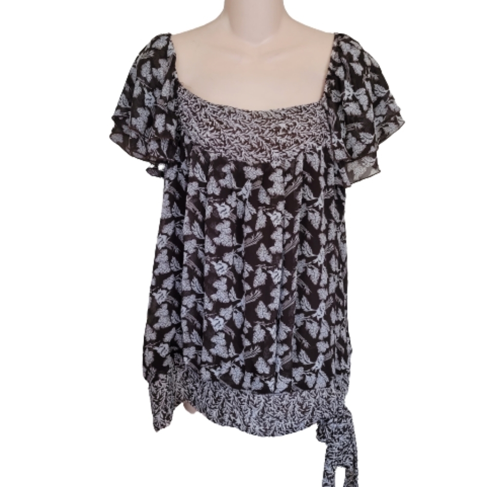 Apt.9 Brown Boho Floral Flutter Sleeve Peasant Top Size Women's Medium